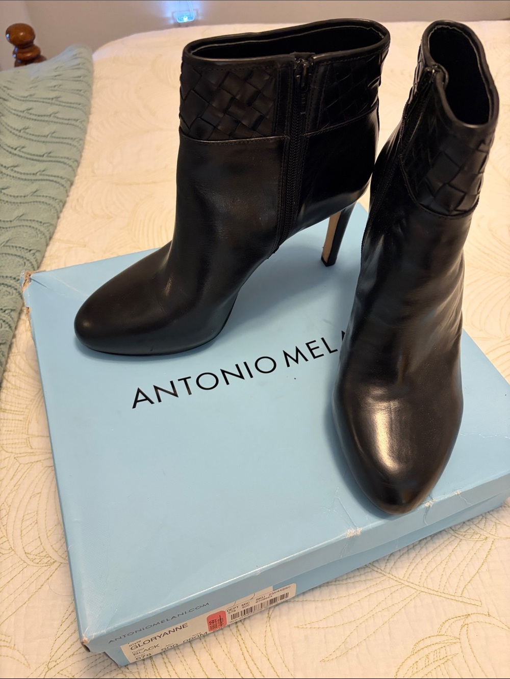 ANTONIO MELANI Gloryanne Black Woven-Cuff Leather Ankle Boots